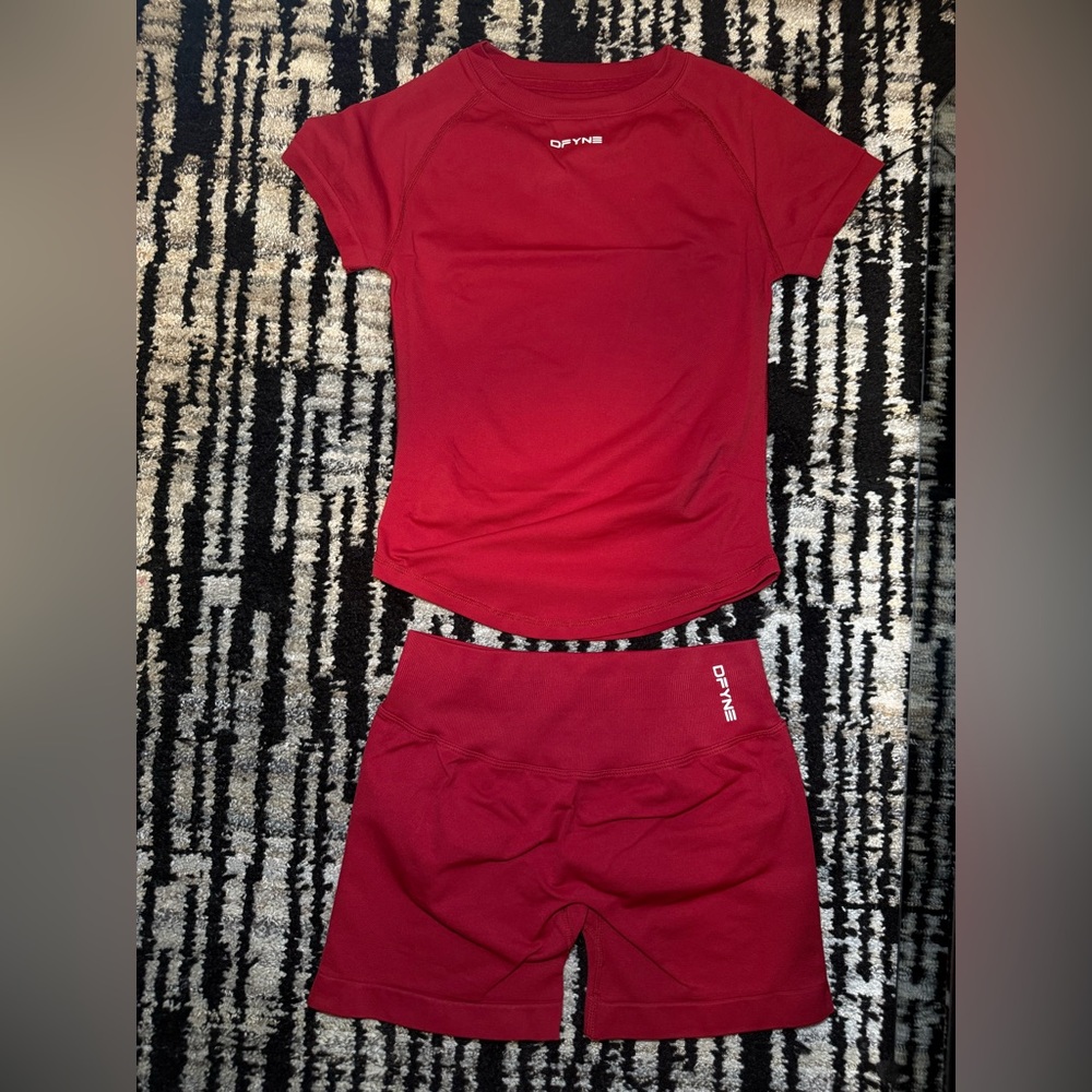 Women's Red Performance Tee & High-Waist Shorts Set by DYNE